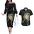 Hawaii Pikake and Maile Lei Couples Matching Off The Shoulder Long Sleeve Dress and Hawaiian Shirt Honu Polynesian Pattern Black Color