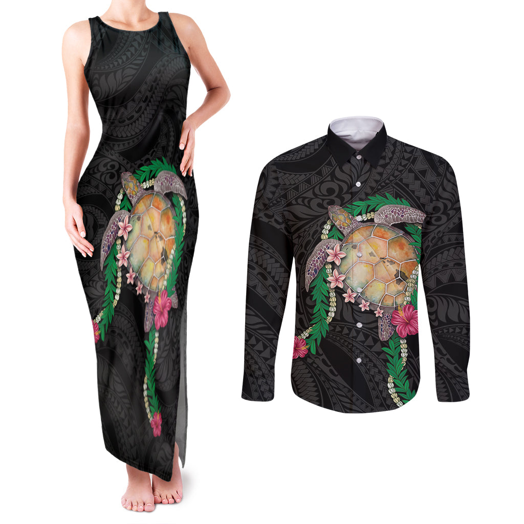 Hawaii Pikake and Maile Lei Couples Matching Tank Maxi Dress and Long Sleeve Button Shirt Honu Polynesian Pattern Black Color