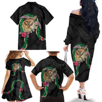 Hawaii Pikake and Maile Lei Family Matching Off The Shoulder Long Sleeve Dress and Hawaiian Shirt Honu Polynesian Pattern Black Color