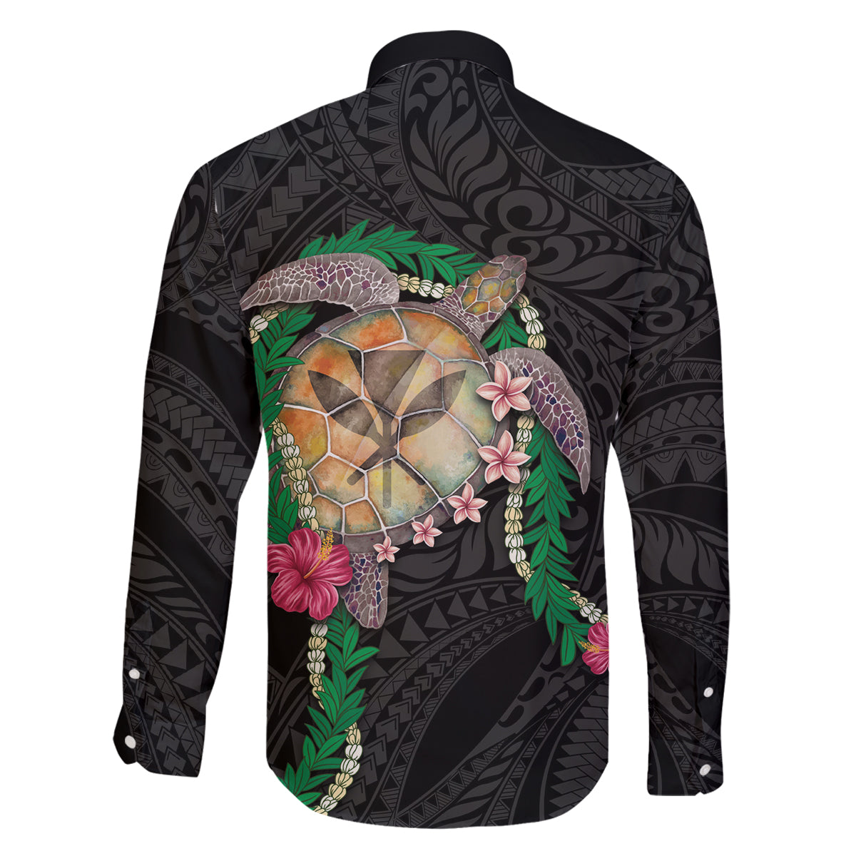 Hawaii Pikake and Maile Lei Family Matching Off Shoulder Maxi Dress and Hawaiian Shirt Honu Polynesian Pattern Black Color