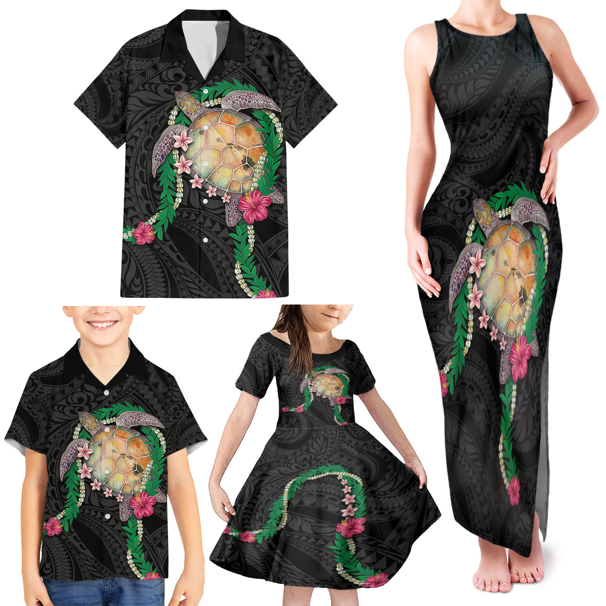 Hawaii Pikake and Maile Lei Family Matching Tank Maxi Dress and Hawaiian Shirt Honu Polynesian Pattern Black Color