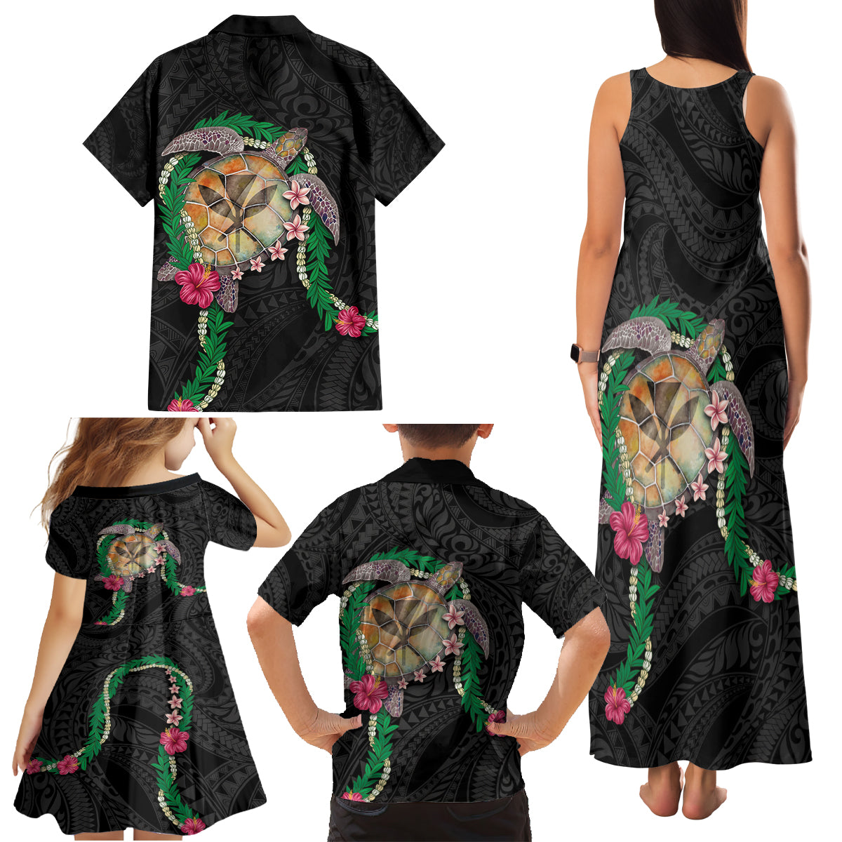 Hawaii Pikake and Maile Lei Family Matching Tank Maxi Dress and Hawaiian Shirt Honu Polynesian Pattern Black Color