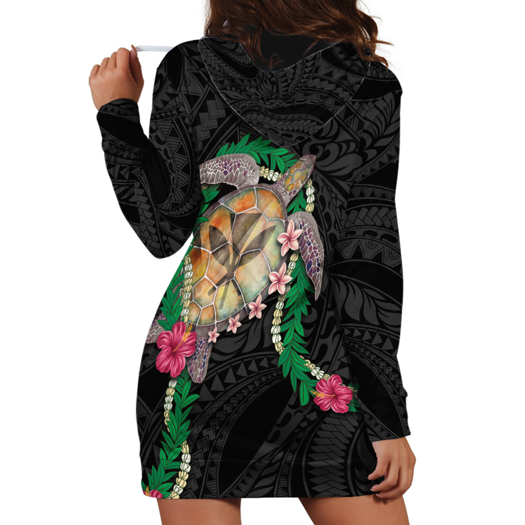 Hawaii Pikake and Maile Lei Hoodie Dress Honu Polynesian Pattern Black Color