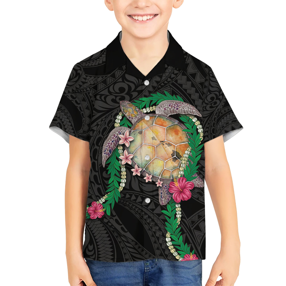 Hawaii Pikake and Maile Lei Kid Hawaiian Shirt Honu Polynesian Pattern Black Color
