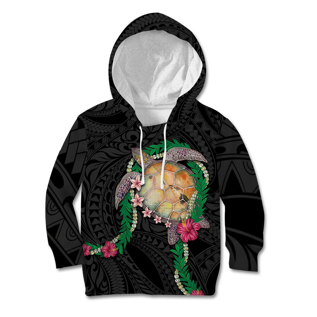 Hawaii Pikake and Maile Lei Kid Hoodie Honu Polynesian Pattern Black Color