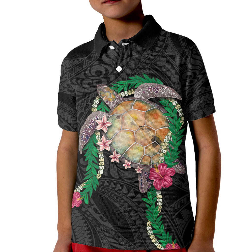 Hawaii Pikake and Maile Lei Kid Polo Shirt Honu Polynesian Pattern Black Color