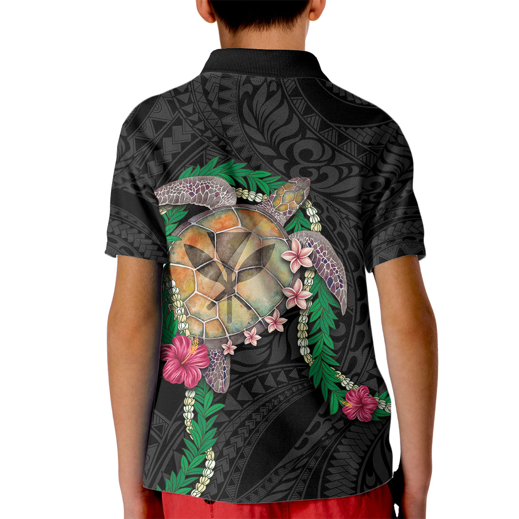 Hawaii Pikake and Maile Lei Kid Polo Shirt Honu Polynesian Pattern Black Color