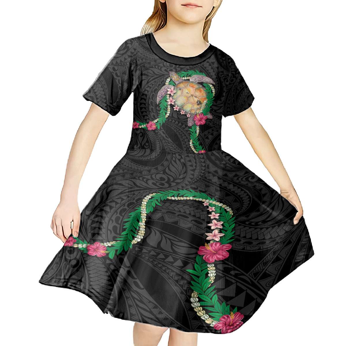 Hawaii Pikake and Maile Lei Kid Short Sleeve Dress Honu Polynesian Pattern Black Color