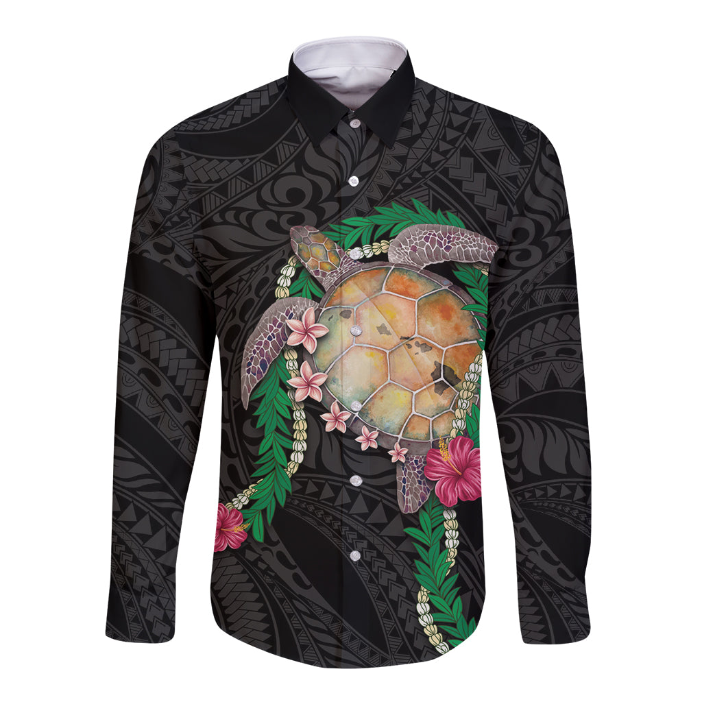 Hawaii Pikake and Maile Lei Long Sleeve Button Shirt Honu Polynesian Pattern Black Color