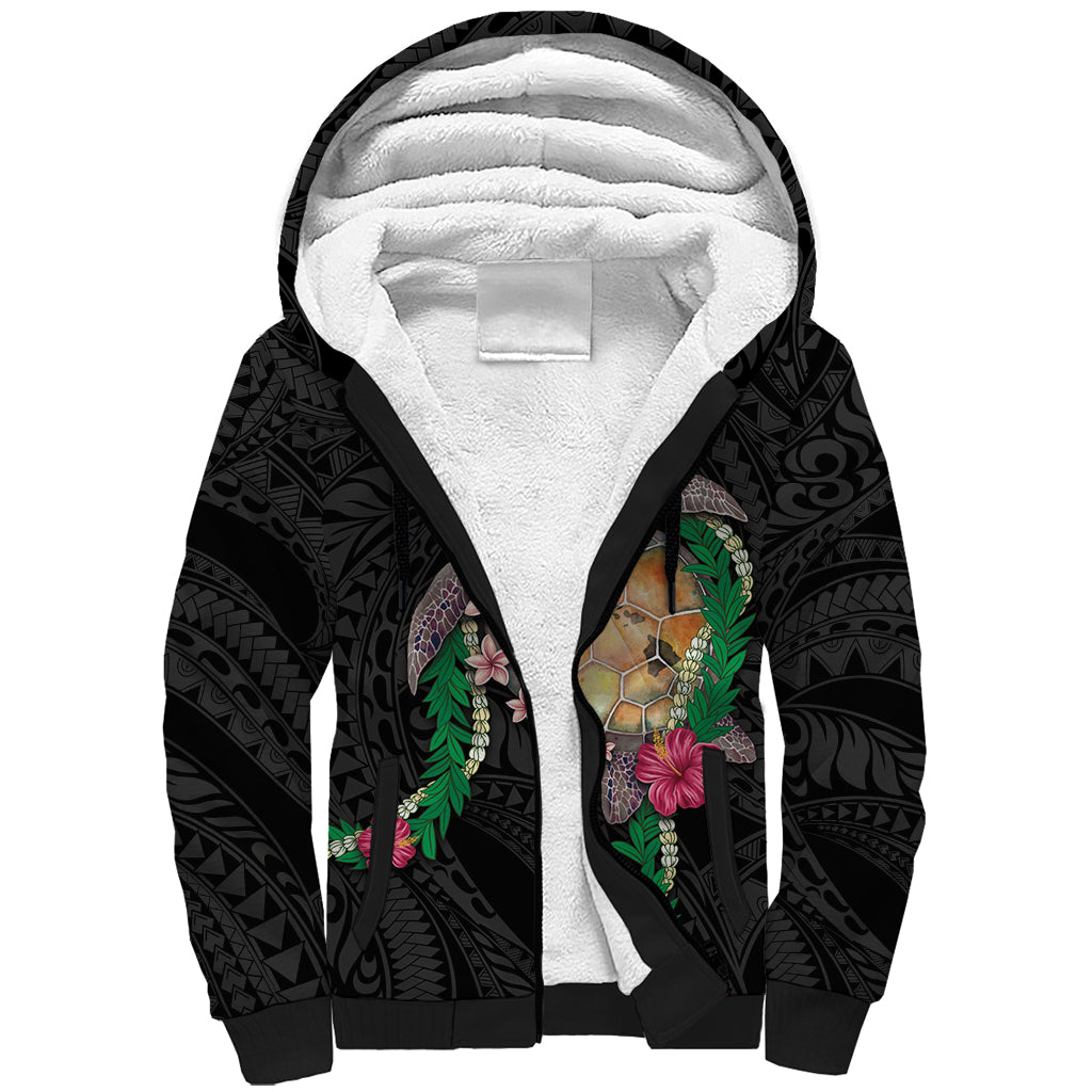 Hawaii Pikake and Maile Lei Sherpa Hoodie Honu Polynesian Pattern Black Color