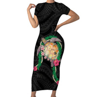 Hawaii Pikake and Maile Lei Short Sleeve Bodycon Dress Honu Polynesian Pattern Black Color