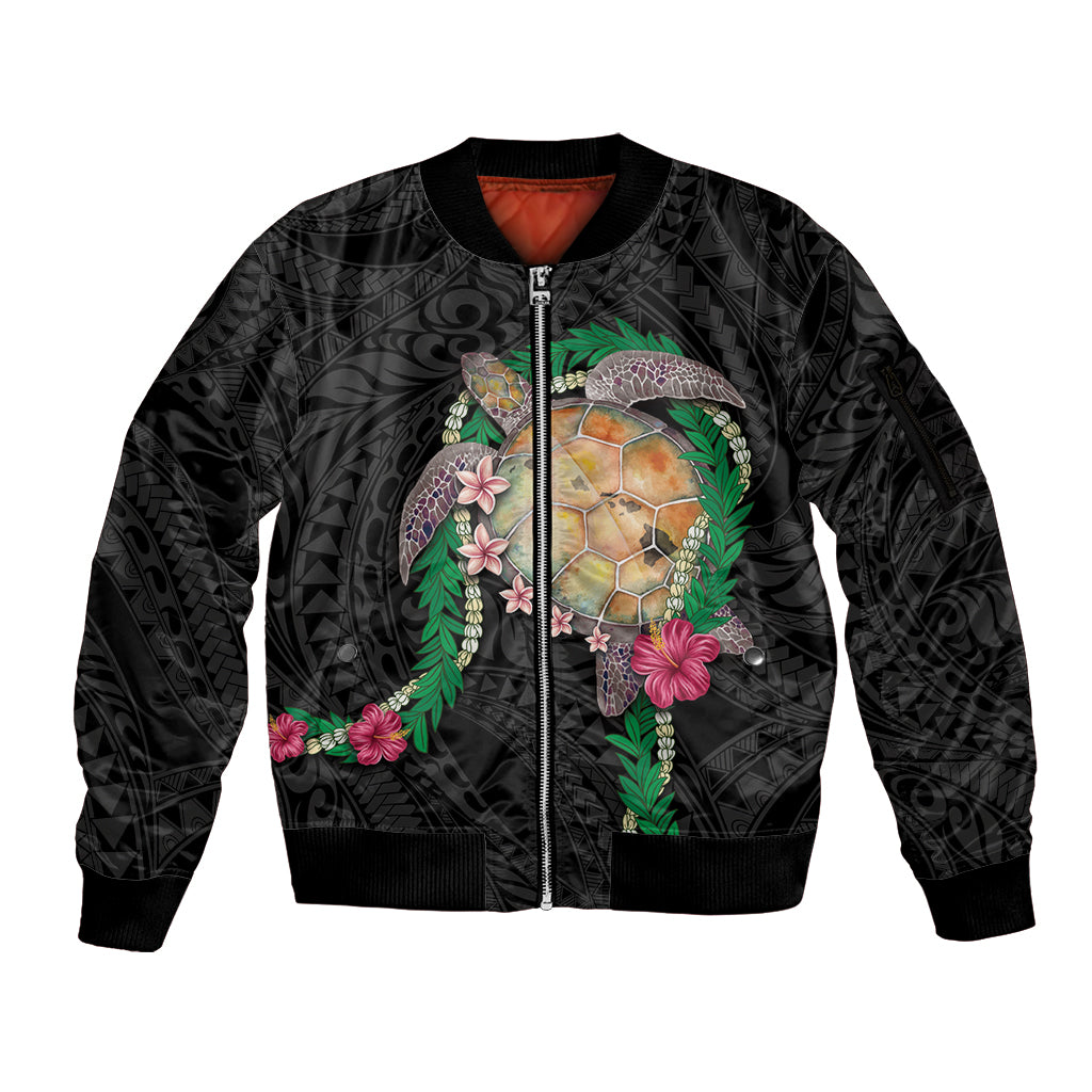Hawaii Pikake and Maile Lei Sleeve Zip Bomber Jacket Honu Polynesian Pattern Black Color
