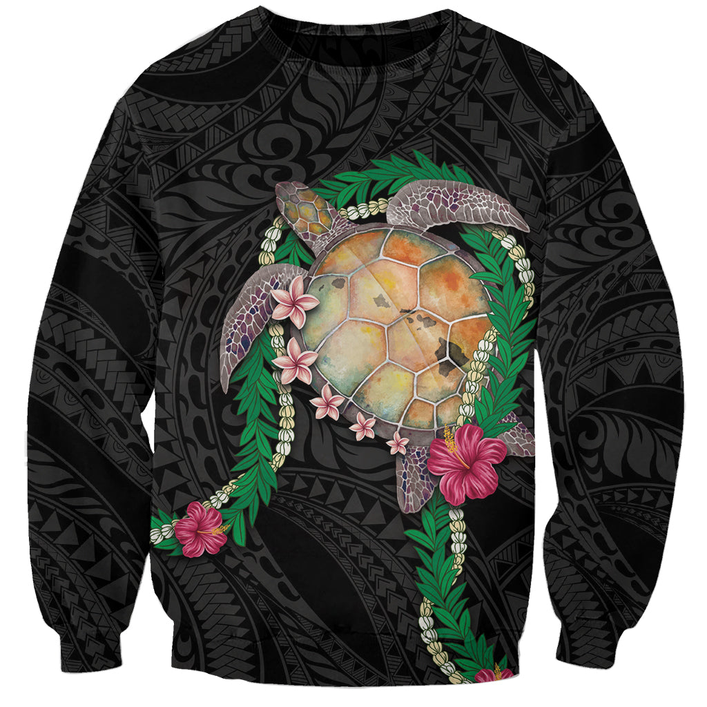 Hawaii Pikake and Maile Lei Sweatshirt Honu Polynesian Pattern Black Color