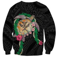 Hawaii Pikake and Maile Lei Sweatshirt Honu Polynesian Pattern Black Color
