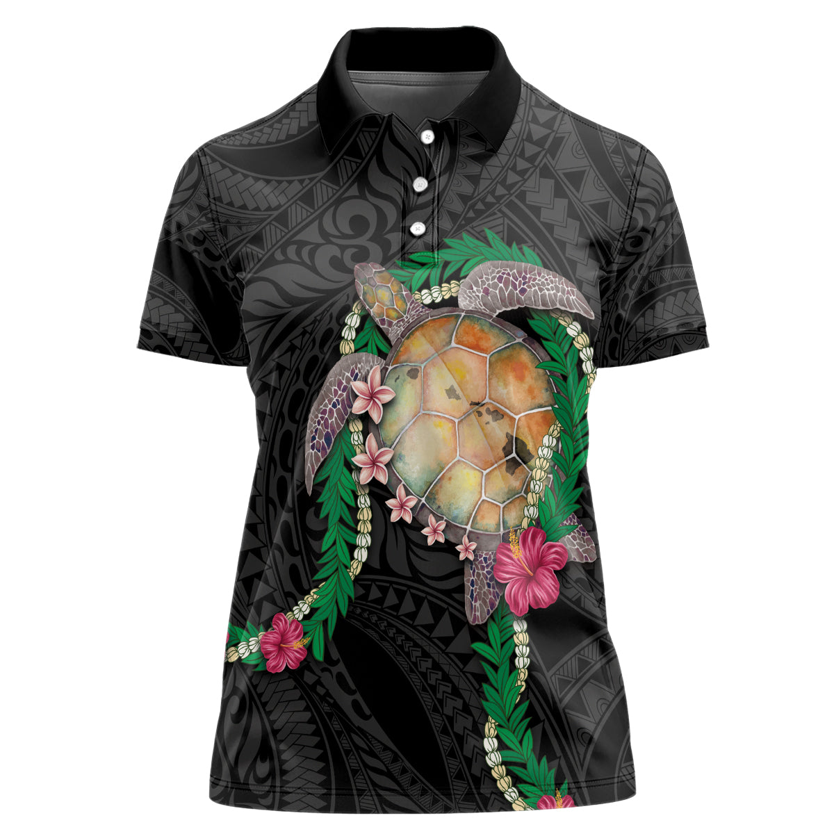 Hawaii Pikake and Maile Lei Women Polo Shirt Honu Polynesian Pattern Black Color