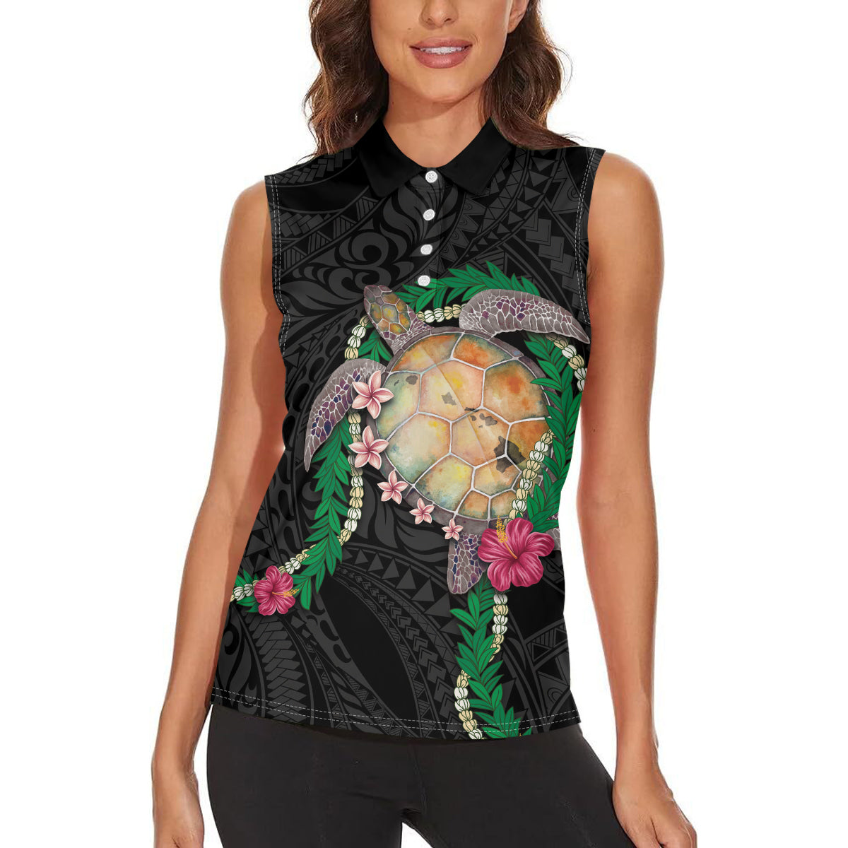 Hawaii Pikake and Maile Lei Women Sleeveless Polo Shirt Honu Polynesian Pattern Black Color
