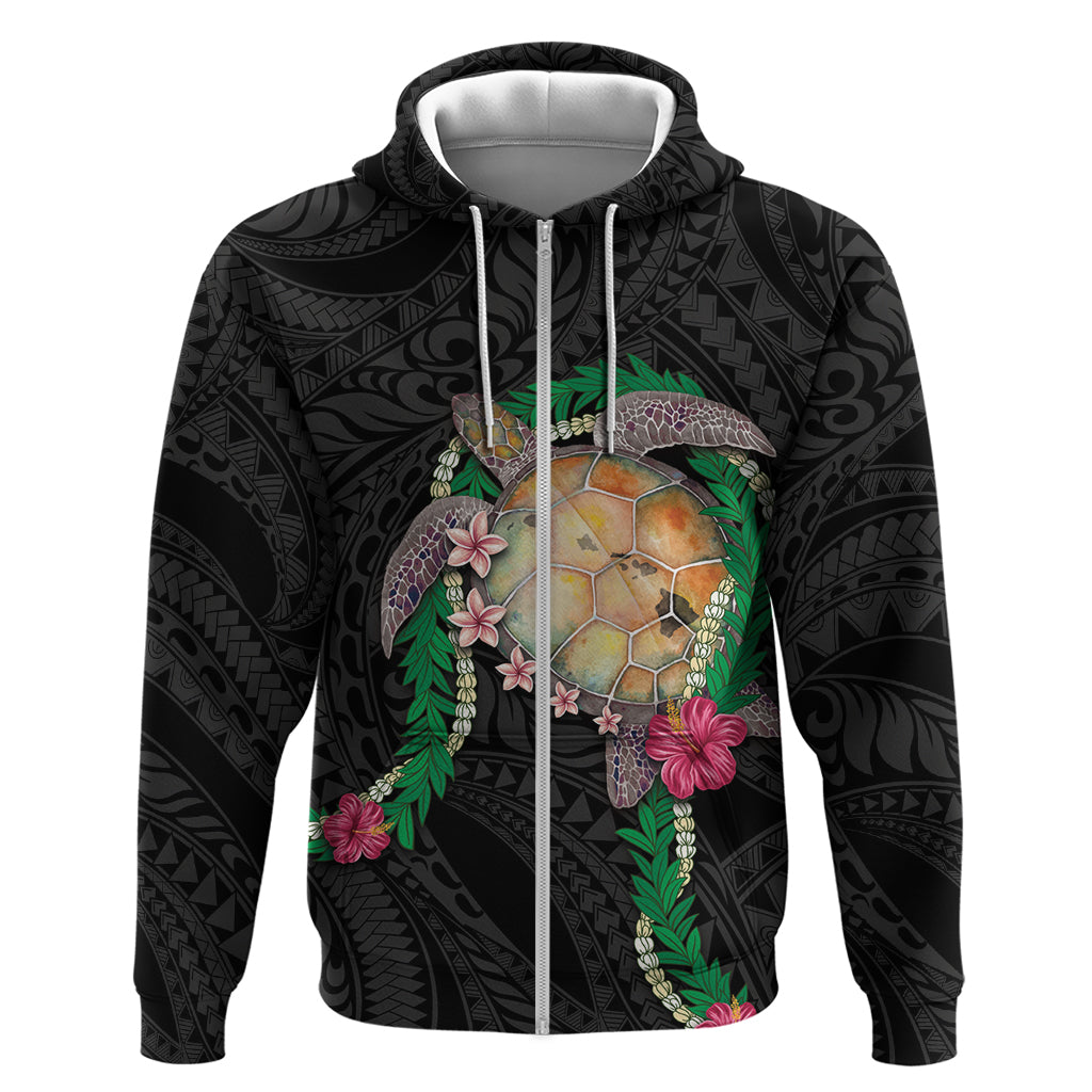 Hawaii Pikake and Maile Lei Zip Hoodie Honu Polynesian Pattern Black Color