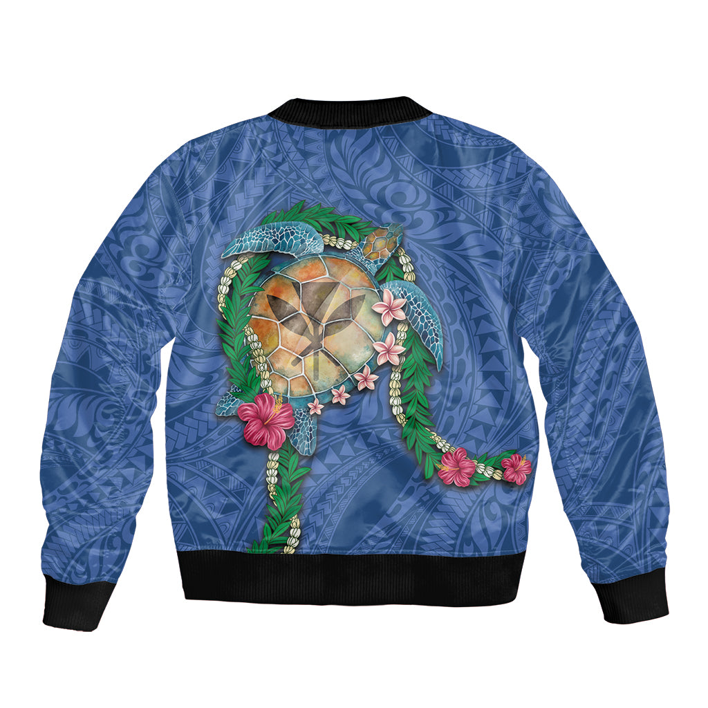 Hawaii Pikake and Maile Lei Bomber Jacket Honu Polynesian Pattern Blue Color