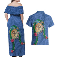 Hawaii Pikake and Maile Lei Couples Matching Off Shoulder Maxi Dress and Hawaiian Shirt Honu Polynesian Pattern Blue Color