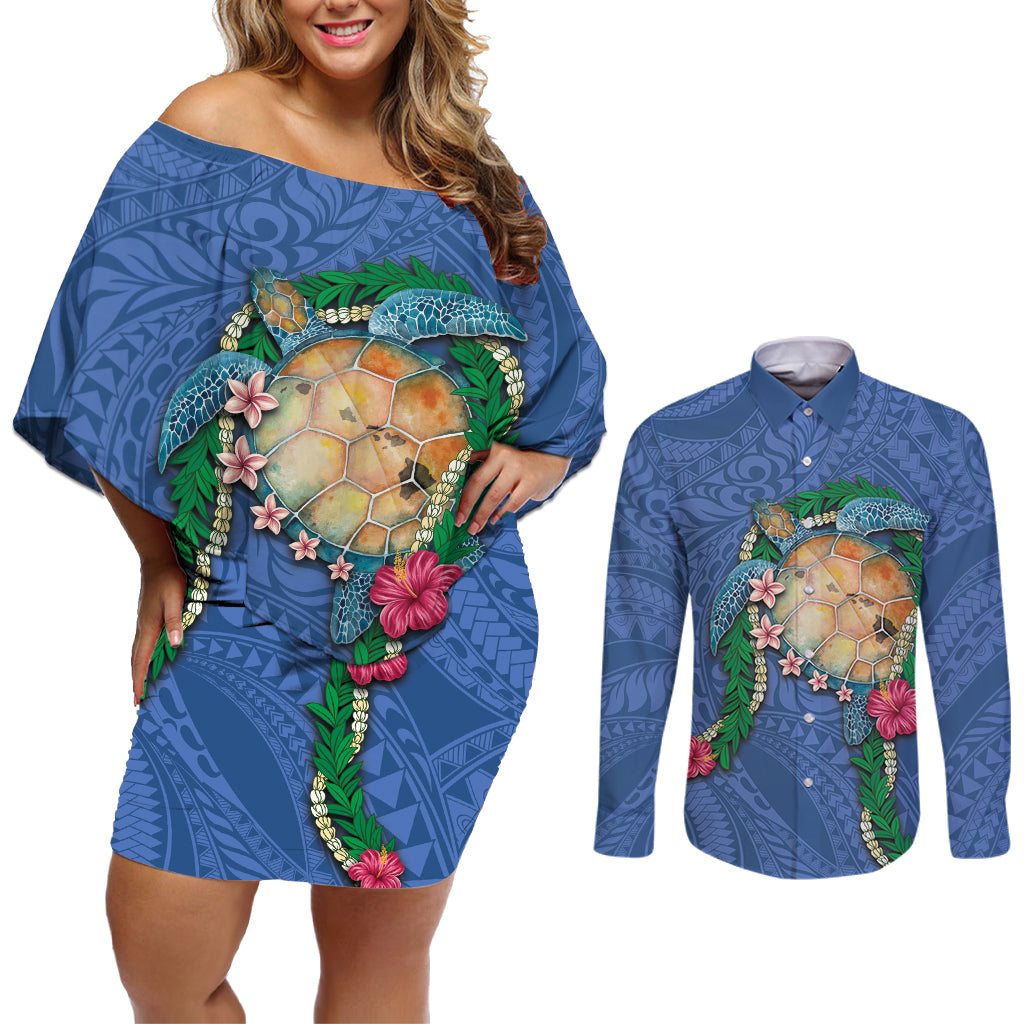Hawaii Pikake and Maile Lei Couples Matching Off Shoulder Short Dress and Long Sleeve Button Shirt Honu Polynesian Pattern Blue Color