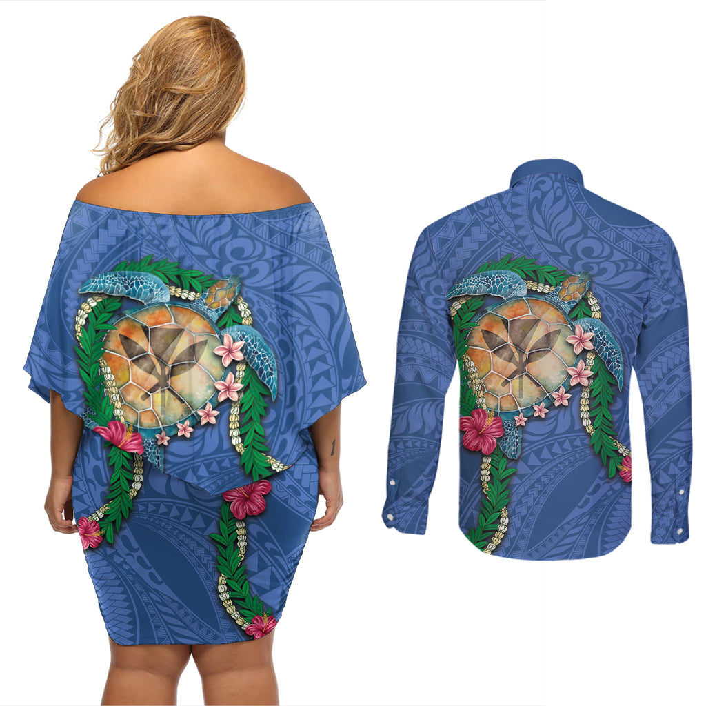 Hawaii Pikake and Maile Lei Couples Matching Off Shoulder Short Dress and Long Sleeve Button Shirt Honu Polynesian Pattern Blue Color