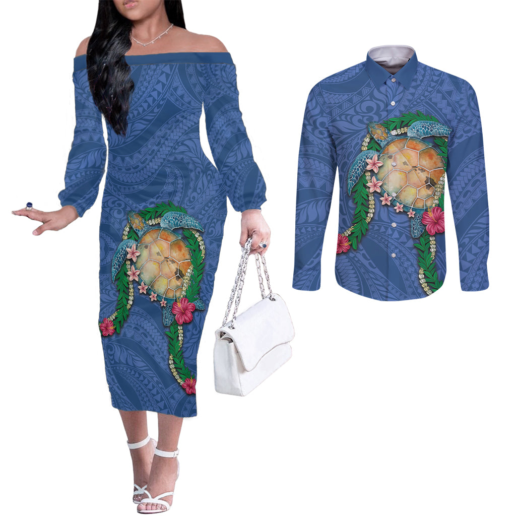 Hawaii Pikake and Maile Lei Couples Matching Off The Shoulder Long Sleeve Dress and Long Sleeve Button Shirt Honu Polynesian Pattern Blue Color