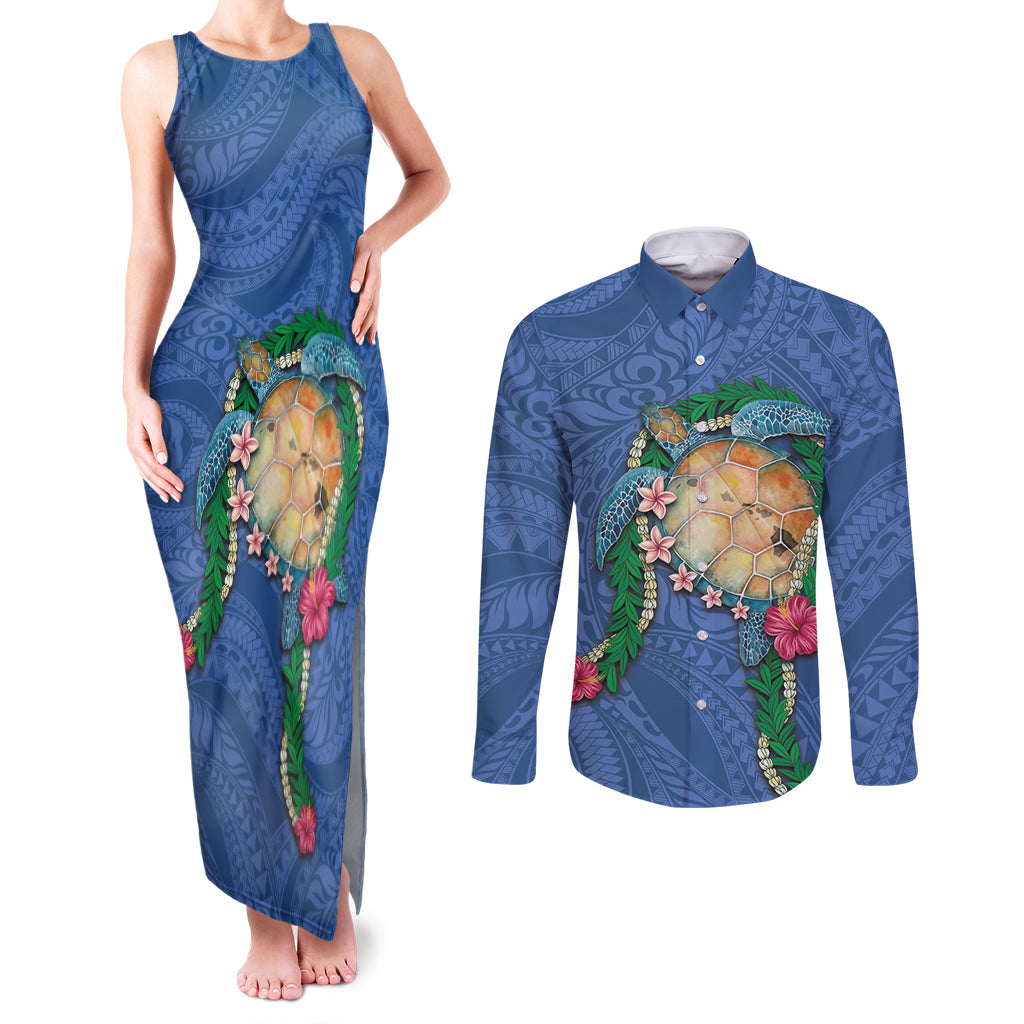 Hawaii Pikake and Maile Lei Couples Matching Tank Maxi Dress and Long Sleeve Button Shirt Honu Polynesian Pattern Blue Color