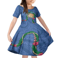 Hawaii Pikake and Maile Lei Family Matching Off The Shoulder Long Sleeve Dress and Hawaiian Shirt Honu Polynesian Pattern Blue Color