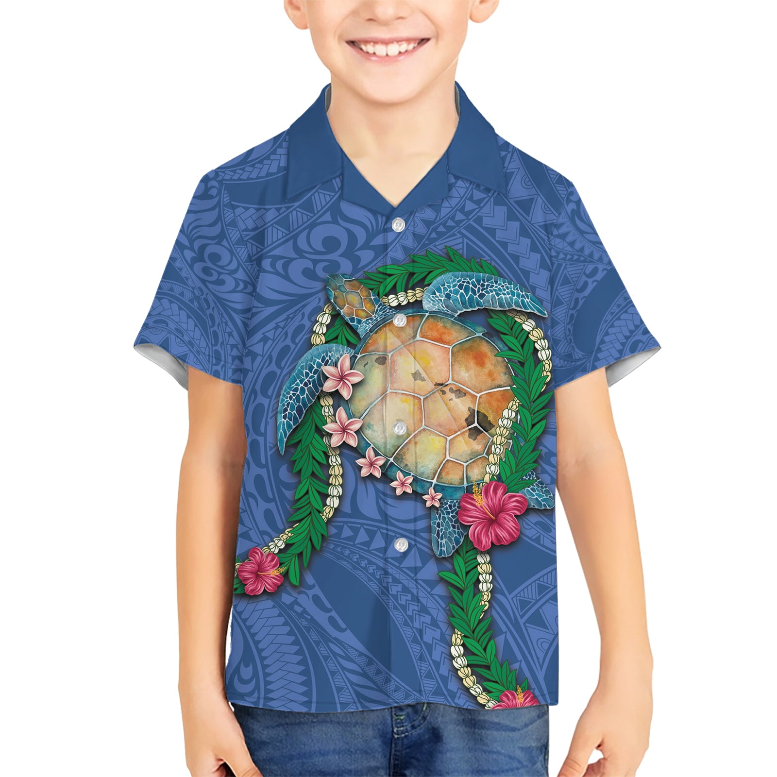 Hawaii Pikake and Maile Lei Kid Hawaiian Shirt Honu Polynesian Pattern Blue Color