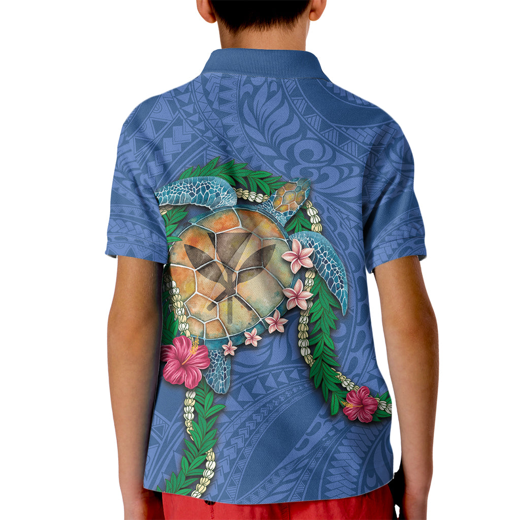 Hawaii Pikake and Maile Lei Kid Polo Shirt Honu Polynesian Pattern Blue Color