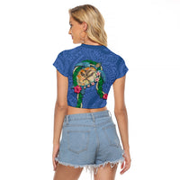 Hawaii Pikake and Maile Lei Raglan Cropped T Shirt Honu Polynesian Pattern Blue Color
