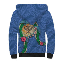 Hawaii Pikake and Maile Lei Sherpa Hoodie Honu Polynesian Pattern Blue Color