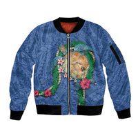 Hawaii Pikake and Maile Lei Sleeve Zip Bomber Jacket Honu Polynesian Pattern Blue Color