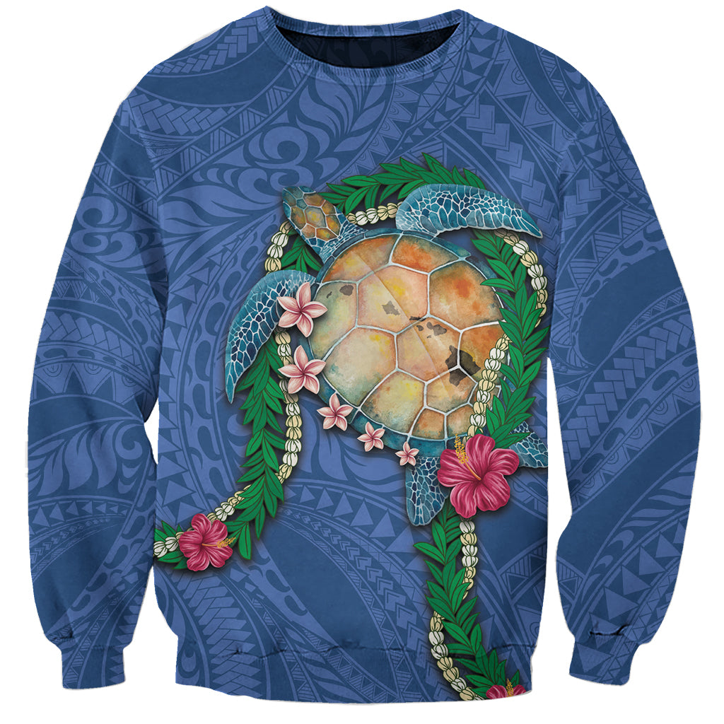 Hawaii Pikake and Maile Lei Sweatshirt Honu Polynesian Pattern Blue Color