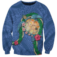 Hawaii Pikake and Maile Lei Sweatshirt Honu Polynesian Pattern Blue Color