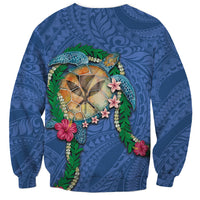 Hawaii Pikake and Maile Lei Sweatshirt Honu Polynesian Pattern Blue Color