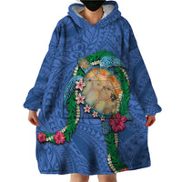 Hawaii Pikake and Maile Lei Wearable Blanket Hoodie Honu Polynesian Pattern Blue Color