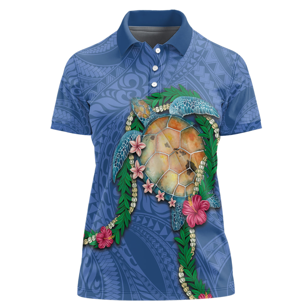 Hawaii Pikake and Maile Lei Women Polo Shirt Honu Polynesian Pattern Blue Color