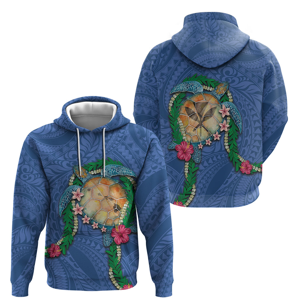 Hawaii Pikake and Maile Lei Zip Hoodie Honu Polynesian Pattern Blue Color