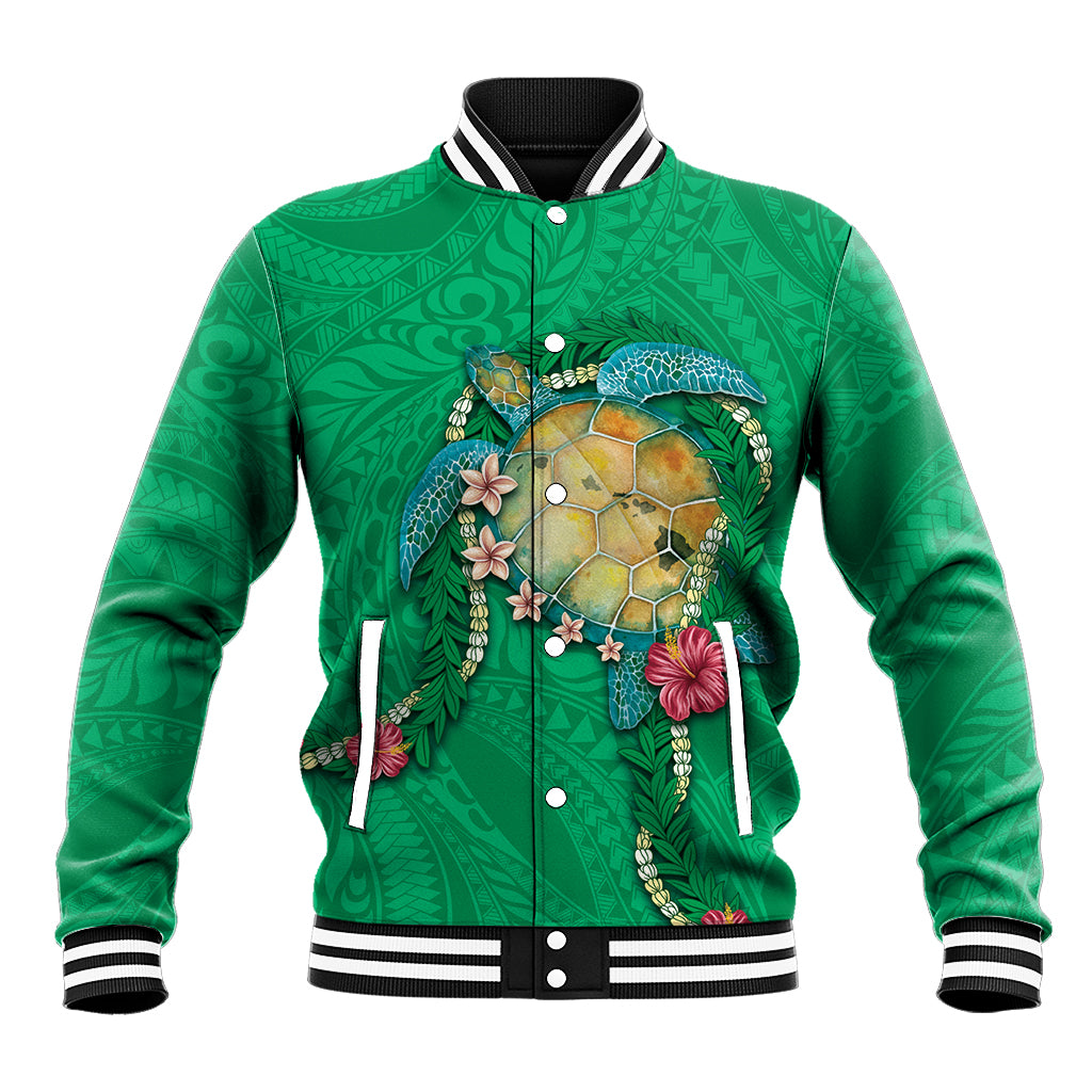 Hawaii Pikake and Maile Lei Baseball Jacket Honu Polynesian Pattern Green Color