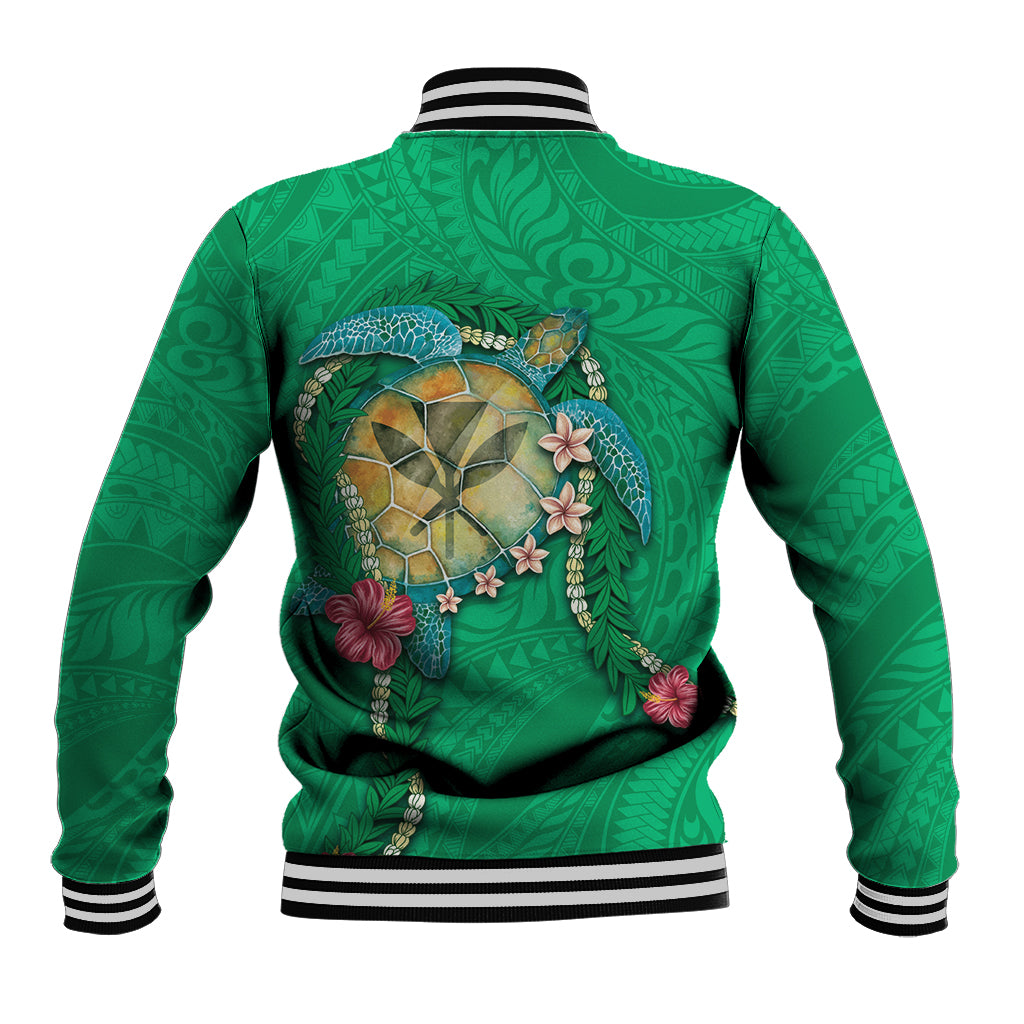 Hawaii Pikake and Maile Lei Baseball Jacket Honu Polynesian Pattern Green Color