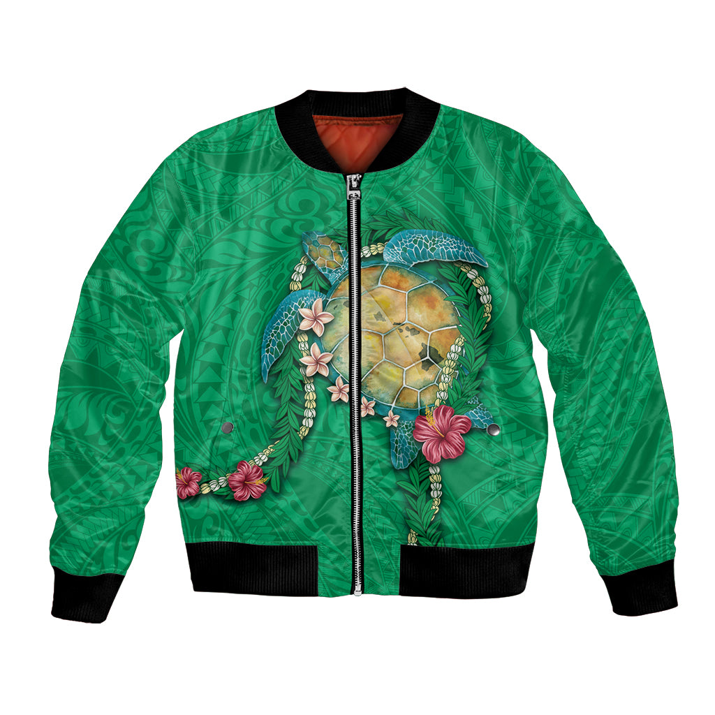 Hawaii Pikake and Maile Lei Bomber Jacket Honu Polynesian Pattern Green Color