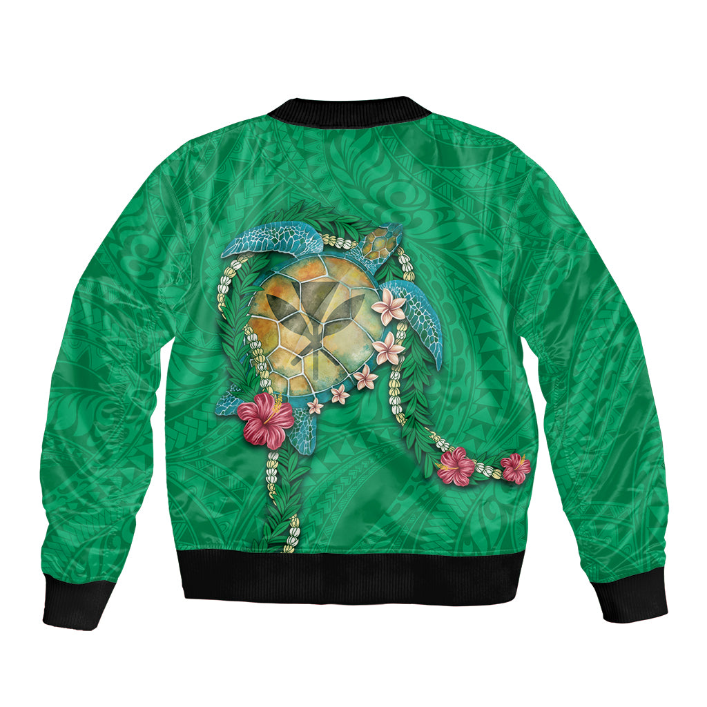 Hawaii Pikake and Maile Lei Bomber Jacket Honu Polynesian Pattern Green Color