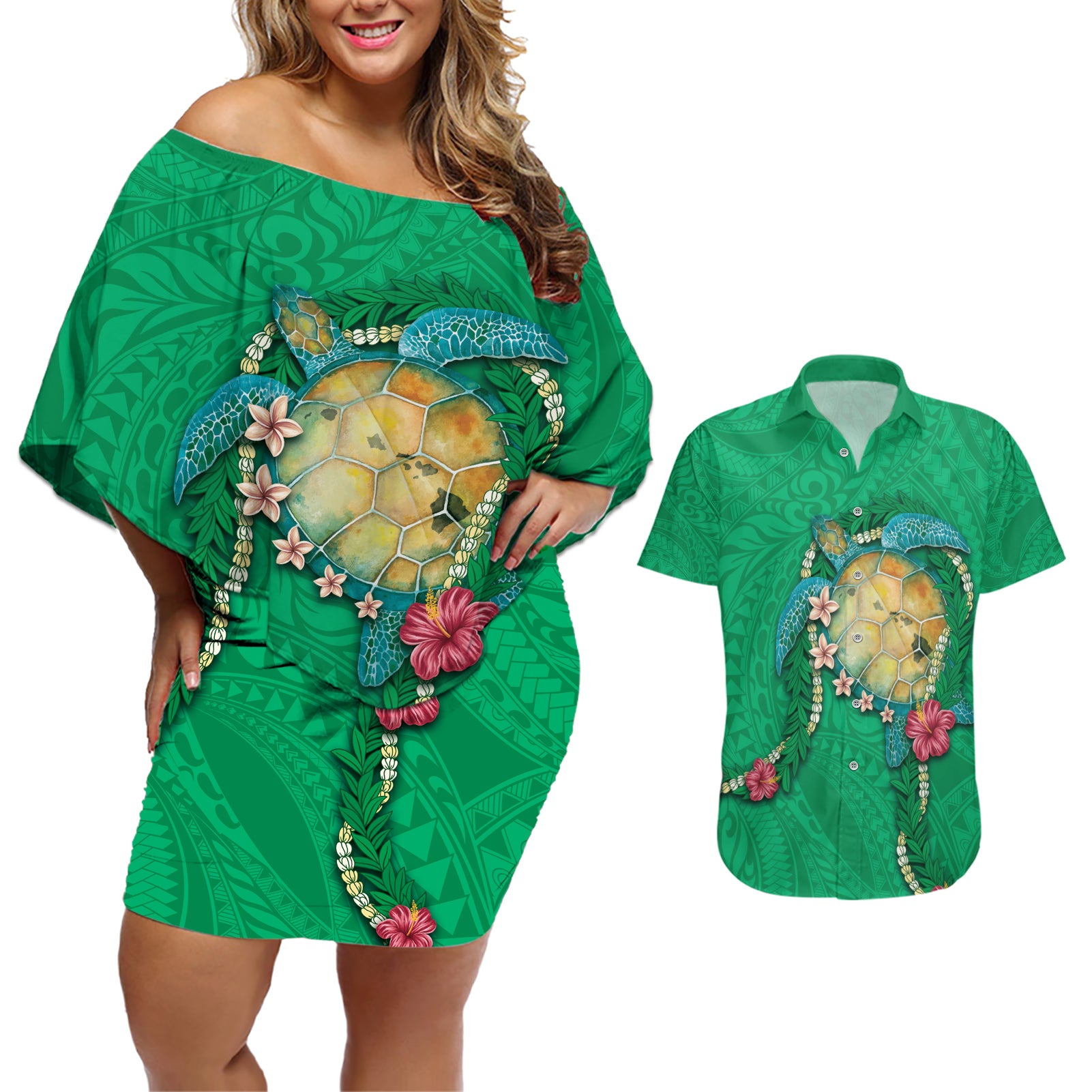 Hawaii Pikake and Maile Lei Couples Matching Off Shoulder Short Dress and Hawaiian Shirt Honu Polynesian Pattern Green Color