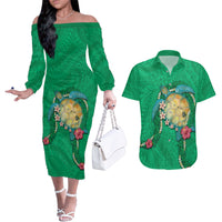 Hawaii Pikake and Maile Lei Couples Matching Off The Shoulder Long Sleeve Dress and Hawaiian Shirt Honu Polynesian Pattern Green Color