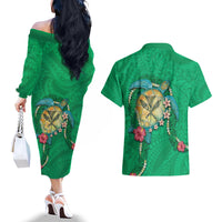 Hawaii Pikake and Maile Lei Couples Matching Off The Shoulder Long Sleeve Dress and Hawaiian Shirt Honu Polynesian Pattern Green Color