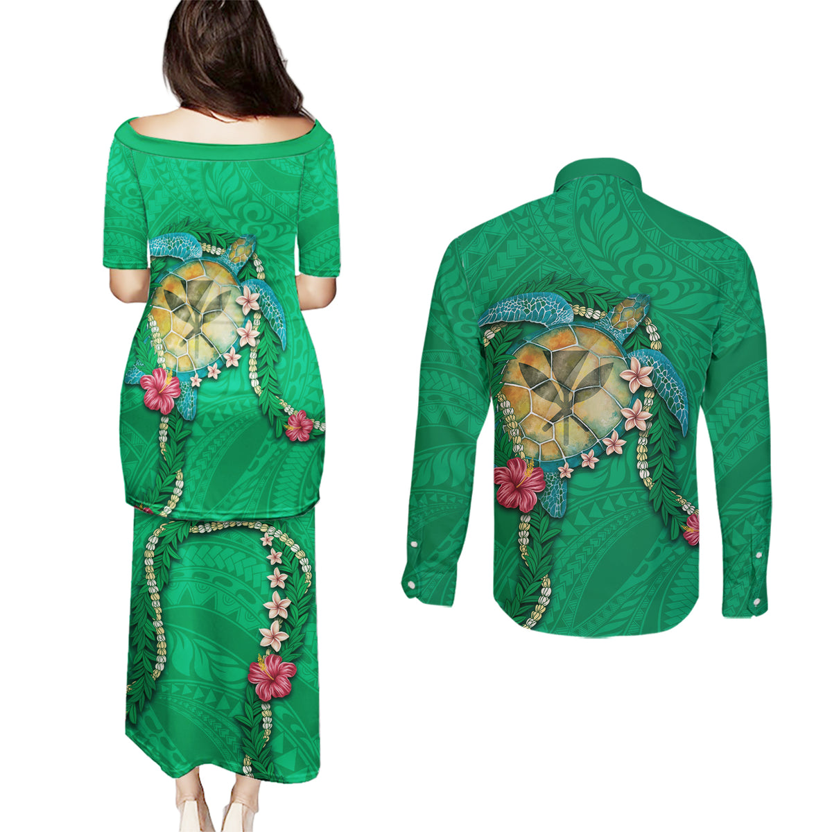 Hawaii Pikake and Maile Lei Couples Matching Puletasi and Long Sleeve Button Shirt Honu Polynesian Pattern Green Color