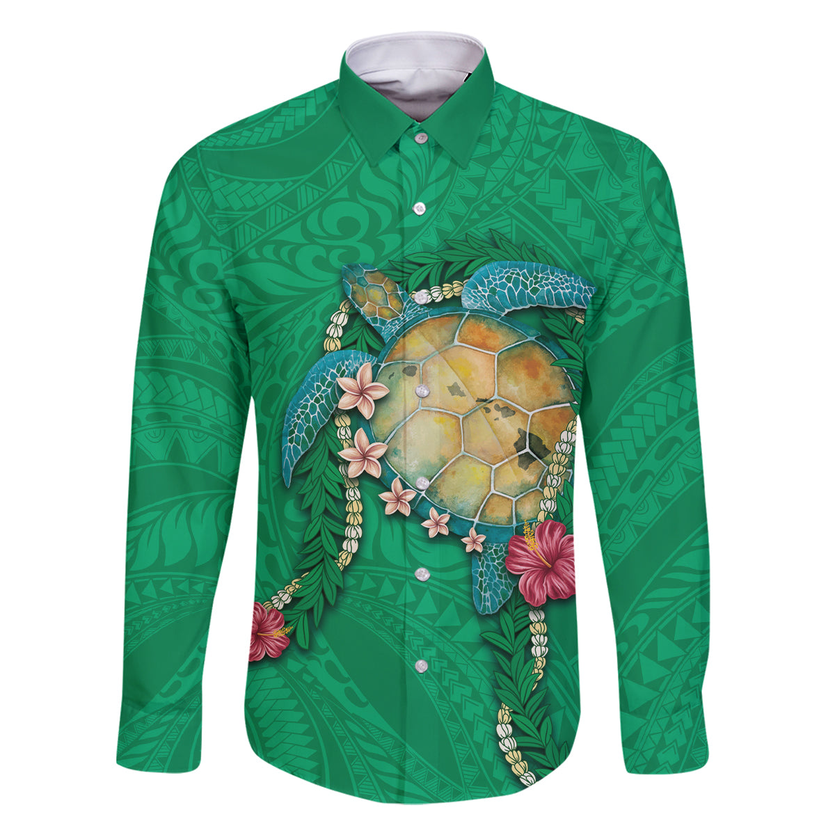 Hawaii Pikake and Maile Lei Family Matching Off The Shoulder Long Sleeve Dress and Hawaiian Shirt Honu Polynesian Pattern Green Color