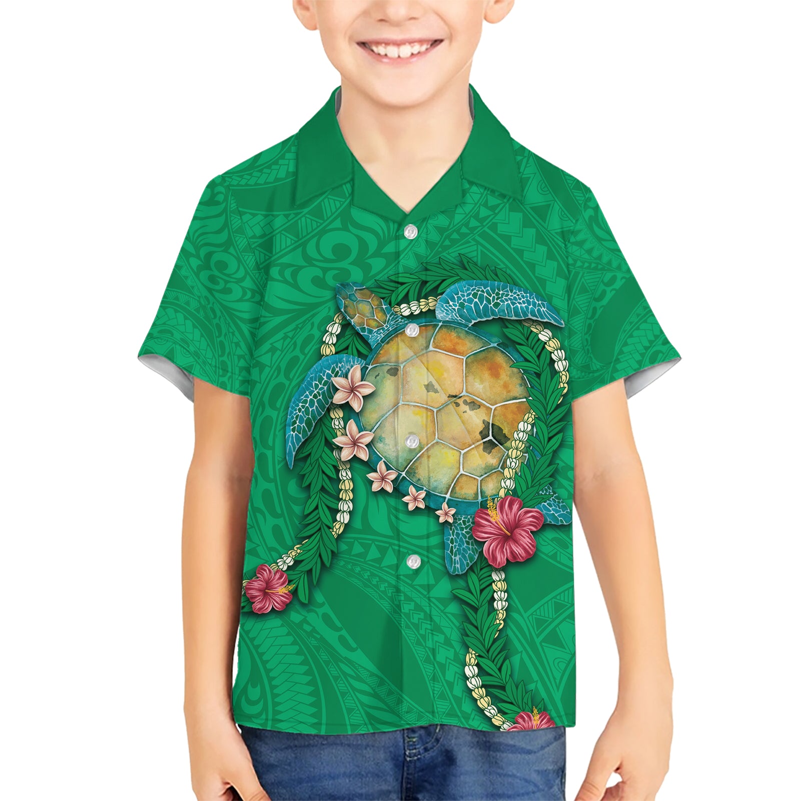 Hawaii Pikake and Maile Lei Kid Hawaiian Shirt Honu Polynesian Pattern Green Color