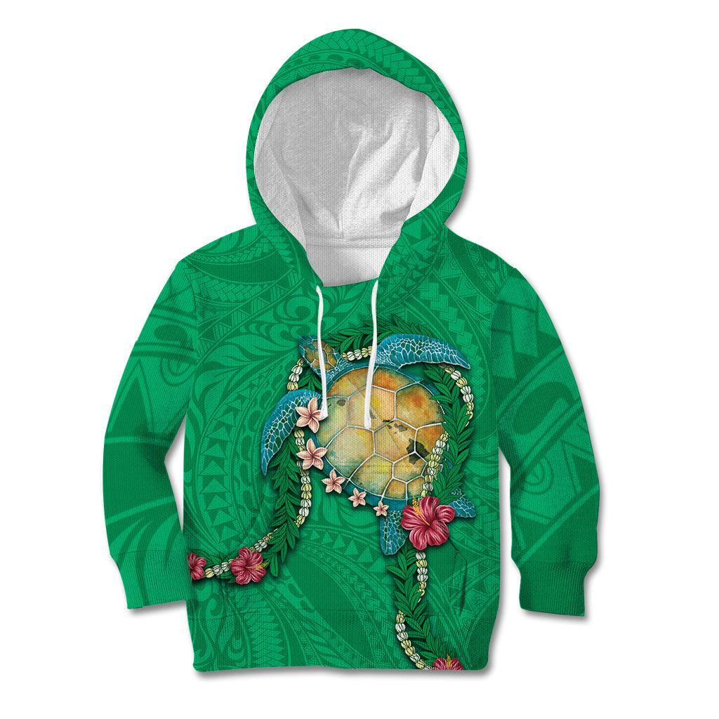 Hawaii Pikake and Maile Lei Kid Hoodie Honu Polynesian Pattern Green Color